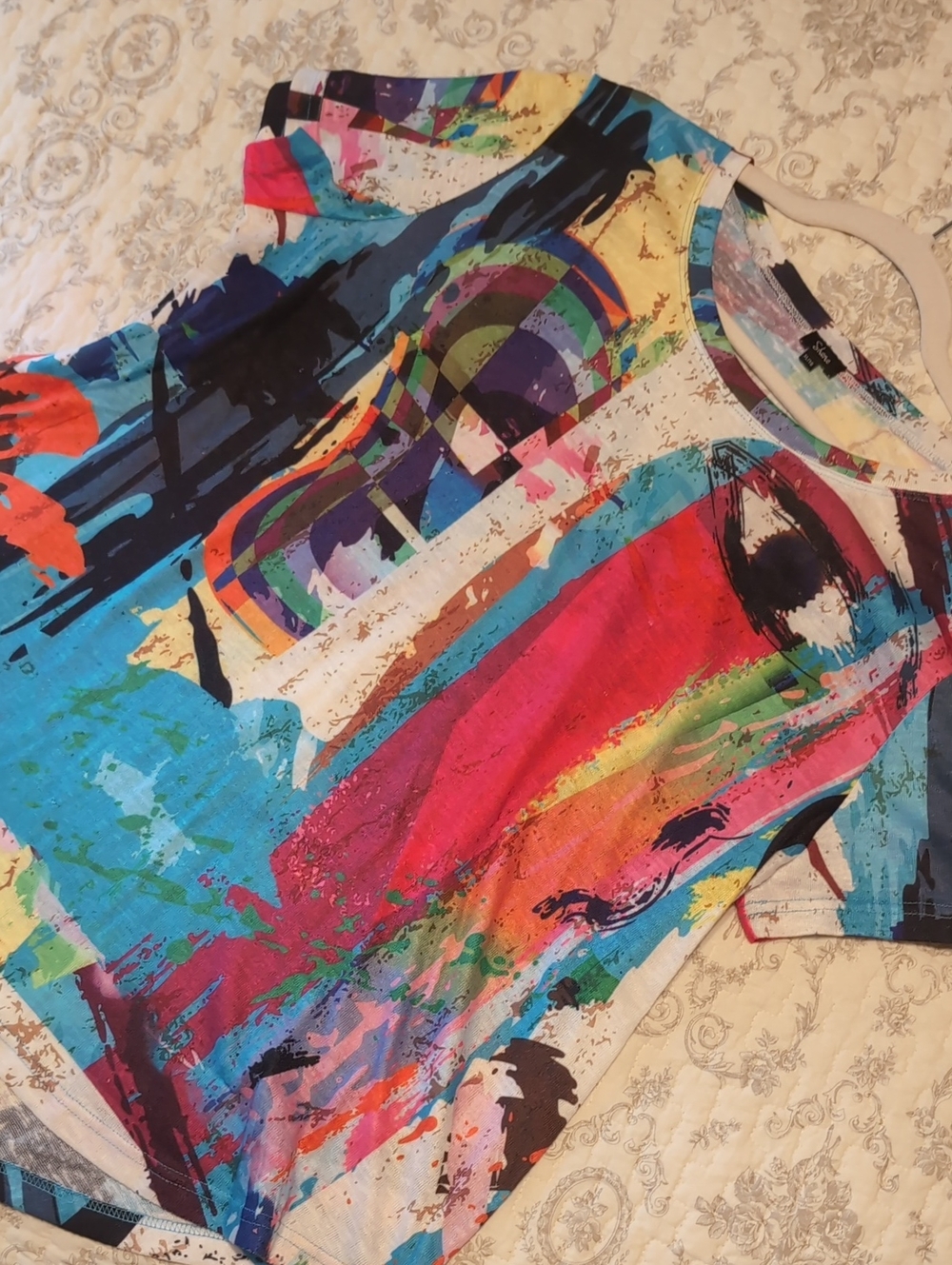SHAN Multicolor Abstract Paint-Print Shirt SleeveTop - Pink, Blue, Green, Yellow